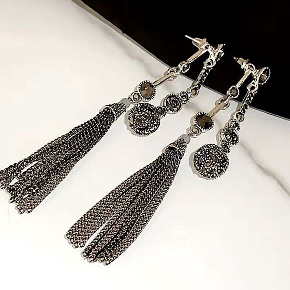 Antique Silver Rhinestone Earring Round Ball Long Fringe Tassel Earrings Boho - Picture 8 of 12